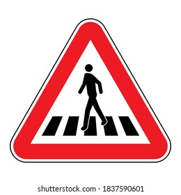 Pedestrian crossing sign. Human figure walks on zebra crosswalk in red triangular shape