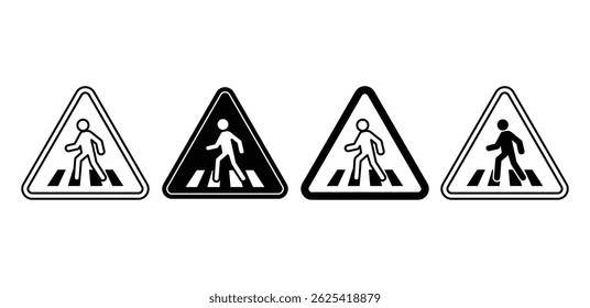 Pedestrian Crossing Sign Icons Triangular Traffic Symbols Black and White Color Vector Design 