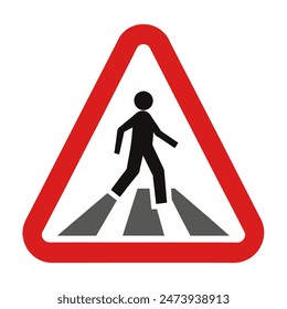Pedestrian crossing sign with man walking on crosswalk shaped like a triangle