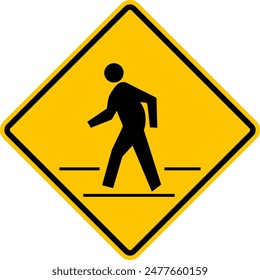 Pedestrian crossing sign. Pedestrians have priority when crossing the road. Yellow diamond shaped warning road sign. Road sign rhombus. Crossing point of a road, street, highway.