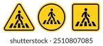 Pedestrian crossing sign. Silhouette man walking along crosswalk hazard symbol safety sign. Traffic road sign.