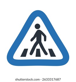 Pedestrian crossing sign vector icon in blue triangle shape, road traffic warning symbol for crosswalk and safety signage, flat illustration