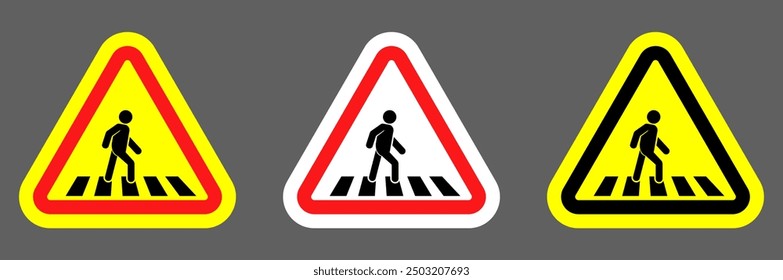 Pedestrian crossing sign vector illustration. Crosswalk or zebra. Pedestrians traffic road sign. No walking. Area for crossing road, road crossing zone, warning sign , school zone, road crossing sign.