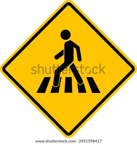 Pedestrian crossing sign. Yellow diamond shaped warning road sign. Diamond road sign. Rhombus road sign. A place to cross a road, street, highway.