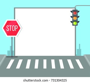 Pedestrian crossing with stop sign, traffic light and frame for text vector illustration on background of city center. Place on road to cross the street