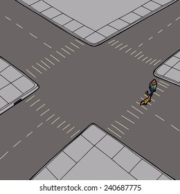 Pedestrian crossing street at intersection with pet