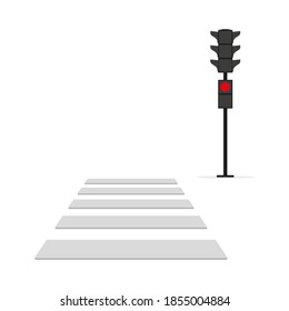 Pedestrian crossing and traffic light with red signal on a white background