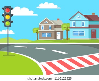 Pedestrian crossing with traffic lights sign on the road at rural countryside vector illustration. Home buildings on background of blue sky