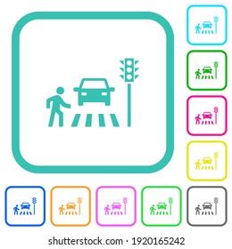 Pedestrian crossing vivid colored flat icons in curved borders on white background