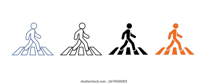 Pedestre cruzando ícone de zebra conjunto vetor. homem cruzando símbolo de zebra. ilustração vetorial.
