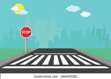 Pedestrian crossings with signposts stop with the city background vector Illustration
