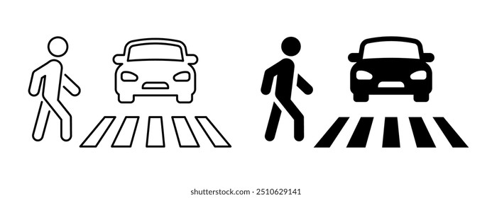 Fußgängerübergang mit Autofahrerzeichen. Mann, der eine Straße mit stehendem Auto überquert, Vektorgrafik. Straßenschild an der Kreuzung. Person, die das Straßenumrisssymbol überquert. Symbol für Fußgängersicherheit.