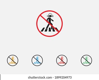 Pedestrian, crosswalk icon. Man listen to music. A young man with earphone silhouette vector. Male with headphones icon. Warning sign and attention symbol for pedestrian. Forbidden crosswalk icon