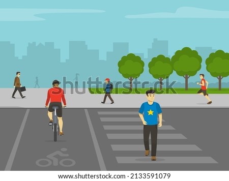 Pedestrian and cyclist crossing the shared road on pedestrian crossing marking. Shared-use path with crosswalk. City outdoor scene. Flat vector illustration template.