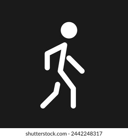 Pedestrian dark mode glyph ui icon. Walking person. Passerby on crosswalk. User interface design. White silhouette symbol on black space. Solid pictogram for web, mobile. Vector isolated illustration