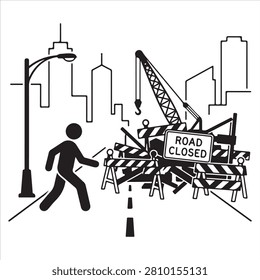 Pedestrian encountering road closed construction icon