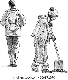 pedestrian and gardener