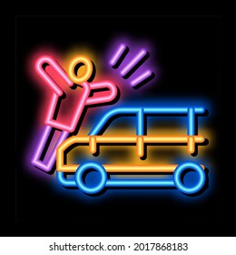 pedestrian hit by car neon light sign vector. Glowing bright icon pedestrian hit by car sign. transparent symbol illustration