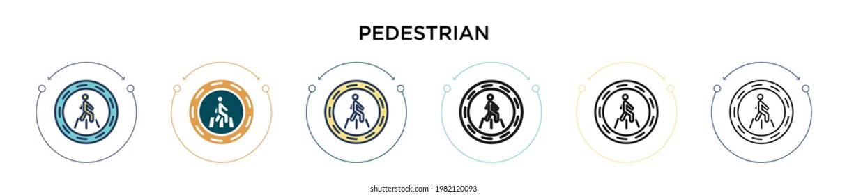 Pedestrian icon in filled, thin line, outline and stroke style. Vector illustration of two colored and black pedestrian vector icons designs can be used for mobile, ui, web