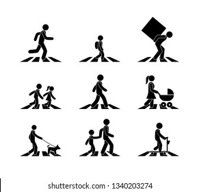 pedestrian icon, stick figure man at a pedestrian crossing, crossing the road, isolated pictograms, a set of different silhouettes