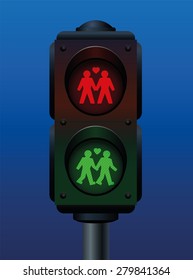 Pedestrian light with a gay love couple. Vector illustration on blue gradient background.