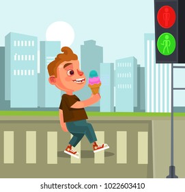 Pedestrian little boy character. Vector flat cartoon illustration