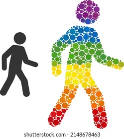 Pedestrian man mosaic icon of circle elements in various sizes and spectrum bright color tones. A dotted LGBT-colored pedestrian man for lesbians, gays, bisexuals, and transgenders.