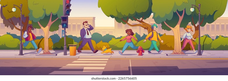 Pedestrian on city street sidewalk illustration background. Cartoon vector illustration of urban road with traffic light and red hydrant. Woman with dog on pavement walk in town near park in summer.