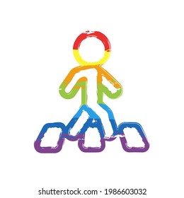 Pedestrian On Crosswalk, Simple Sign Of Walking Man Crossing The Road. Drawing Sign With LGBT Style, Seven Colors Of Rainbow (red, Orange, Yellow, Green, Blue, Indigo, Violet