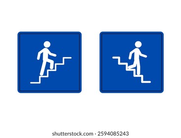 Pedestrian overpass and pedestrian underpass traffic sign. Stairs up and down road sign set. Man on stairs going up and going down. Information about type of crossing road.