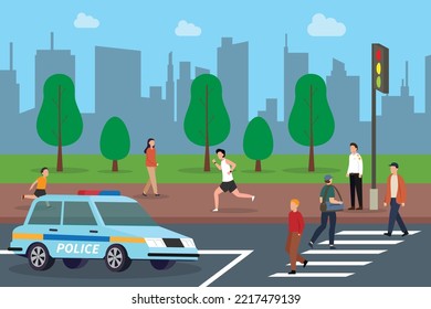 Pedestrian With Police Car In Busy City Street 2d Vector Illustration Concept For Banner, Website, Illustration, Landing Page, Flyer, Etc.