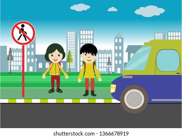 pedestrian prohibited sign. two kids beside traffic sign