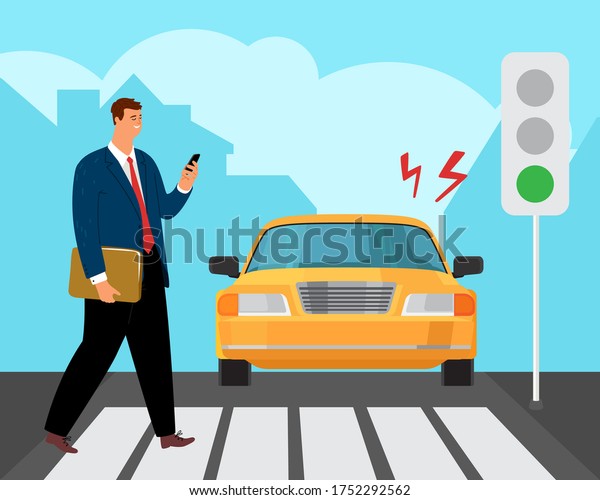 Pedestrian road\
accident. Man on crossroad look at phone. Green traffic light for\
cars. Violation vector\
illustration