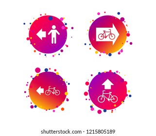 Pedestrian road icon. Bicycle path trail sign. Cycle path. Arrow symbol. Gradient circle buttons with icons. Random dots design. Vector