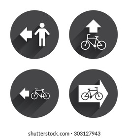 Pedestrian road icon. Bicycle path trail sign. Cycle path. Arrow symbol. Circles buttons with long flat shadow. Vector