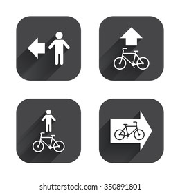 Pedestrian road icon. Bicycle path trail sign. Cycle path. Arrow symbol. Square flat buttons with long shadow.
