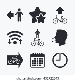 Pedestrian road icon. Bicycle path trail sign. Cycle path. Arrow symbol. Wifi internet, favorite stars, calendar and clock. Talking head. Vector