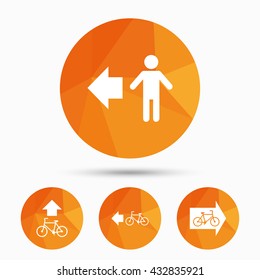 Pedestrian road icon. Bicycle path trail sign. Cycle path. Arrow symbol. Triangular low poly buttons with shadow. Vector