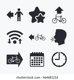 Pedestrian road icon. Bicycle path trail sign. Cycle path. Arrow symbol. Wifi internet, favorite stars, calendar and clock. Talking head. Vector