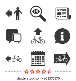 Pedestrian road icon. Bicycle path trail sign. Cycle path. Arrow symbol. Newspaper, information and calendar icons. Investigate magnifier, chat symbol. Vector