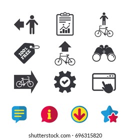 Pedestrian road icon. Bicycle path trail sign. Cycle path. Arrow symbol. Browser window, Report and Service signs. Binoculars, Information and Download icons. Stars and Chat. Vector