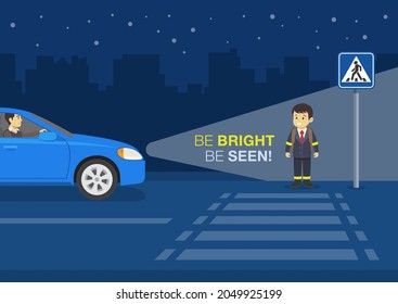 Pedestrian Road Safety Rules. School Boy About To Cross The Road At Night. Young Kid Wearing Reflective Bracelets. Flat Vector Illustration Template.