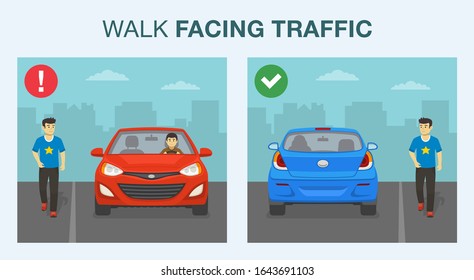 Pedestrian road safety rules and tips. Walk or run facing upcoming traffic. Correct and incorrect walking. Flat vector illustration template.