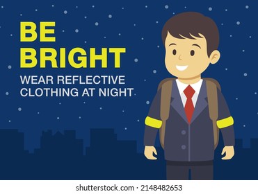 Pedestrian road safety rules and tips. Good visibility after dark. Be bright, wear reflective clothing at night. Young kid wearing reflective bracelets. Flat vector illustration template.