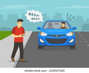 Normas peatonales de seguridad vial. Un joven personaje masculino cruzando la carretera mientras usa un teléfono móvil frente a un auto. Un conductor masculino enojado toca bocina a un peatón. Plantilla de ilustración de vector plano