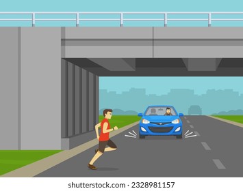 Pedestrian runs in front of the vehicle to cross the road. Car is about to crash the man under an overpass. Flat vector illustration template.