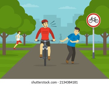 Pedestrian safety and bicycle driving rules. Young male pedestrian about to be hit by an angry cyclist. No bikes are allowed traffic sign in a city park. Flat vector illustration template.