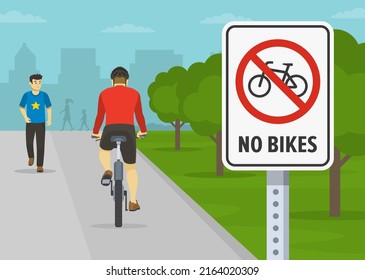 Pedestrian safety and bicycle driving rules. Cyclist riding on cycling prohibited area. Close-up view of a no bikes are allowed traffic sign in a city park. Flat vector illustration template.
