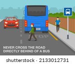 Pedestrian safety and car driving rules. Young boy crossing the road directly behind of a bus. Hidden pedestrian about to be hit by car at bus stop. Flat vector illustration template.
