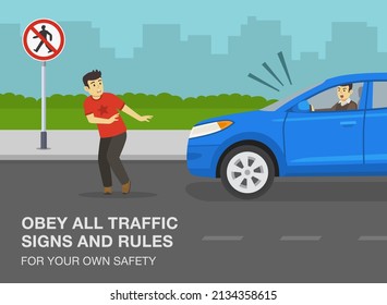 Pedestrian safety and car driving rules. Young male pedestrian about to be hit by suv car on a city road. Obey all traffic signs and rules for your own safety. Flat vector illustration template.
